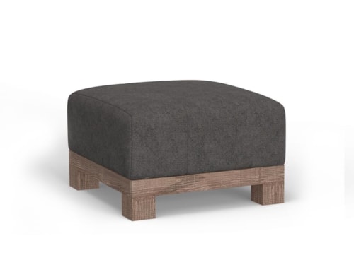 Contemporary Upholstered Square Ottoman with Exposed Wooden Base
