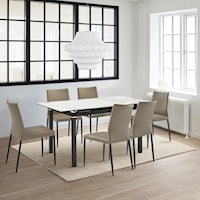 Contemporary 7 Piece Extendable Dining Set with Taupe Gray Faux Leather Chairs