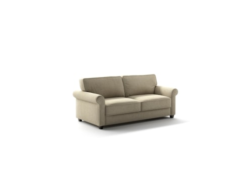Transitional Rolled-Arm Queen Sleeper Loveseat with Single-Motion Mechanism