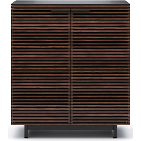 Contemporary Bar Cabinet with Louvered Doors and Hanging Wine Glass Storage
