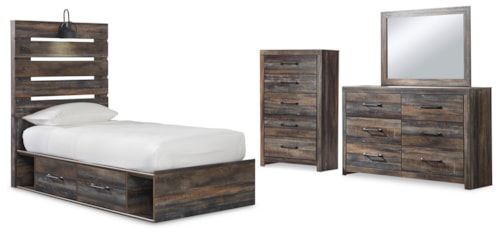 Twin Panel Bed With Storage, Dresser, Mirror And Chest