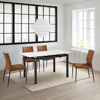 Contemporary 5 Piece Extendable Dining Set with Brown Faux Leather Chairs