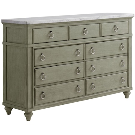 Transitional 9-Drawer Dresser with White Marble Top 