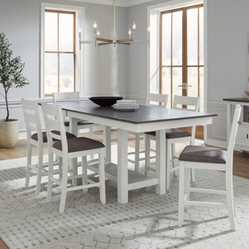 Transitional 7-Piece Gathering Trestle Table Dining Set with Slat Back Stools