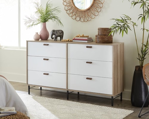 Contemporary 6-Drawer Dresser with Leather Handles