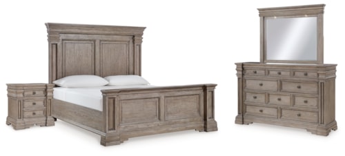 California King Panel Bed, Dresser, Mirror, and Nightstand