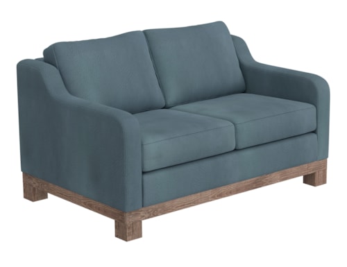 Contemporary Loveseat with Bench Cushion and Exposed Wooden Base