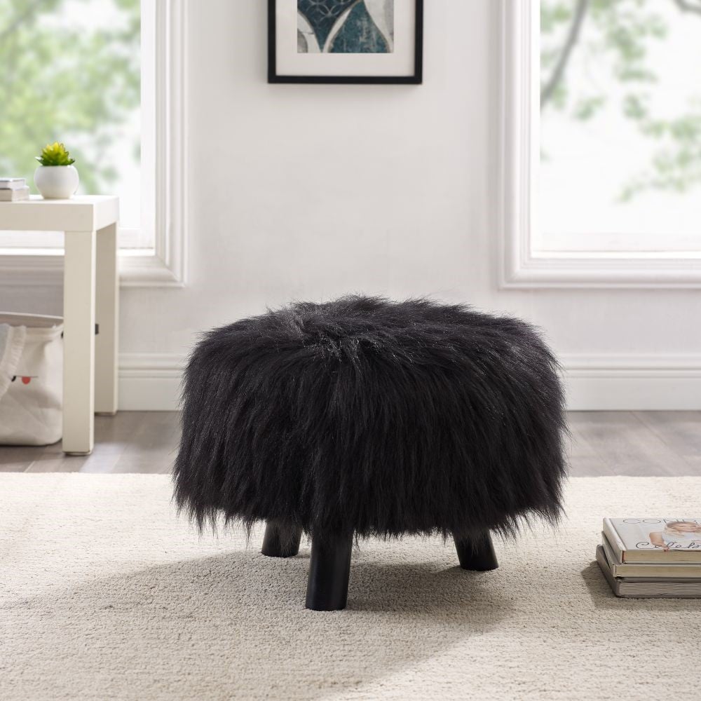 Black Faux Fur Foot Stool (16 Inches Wide)