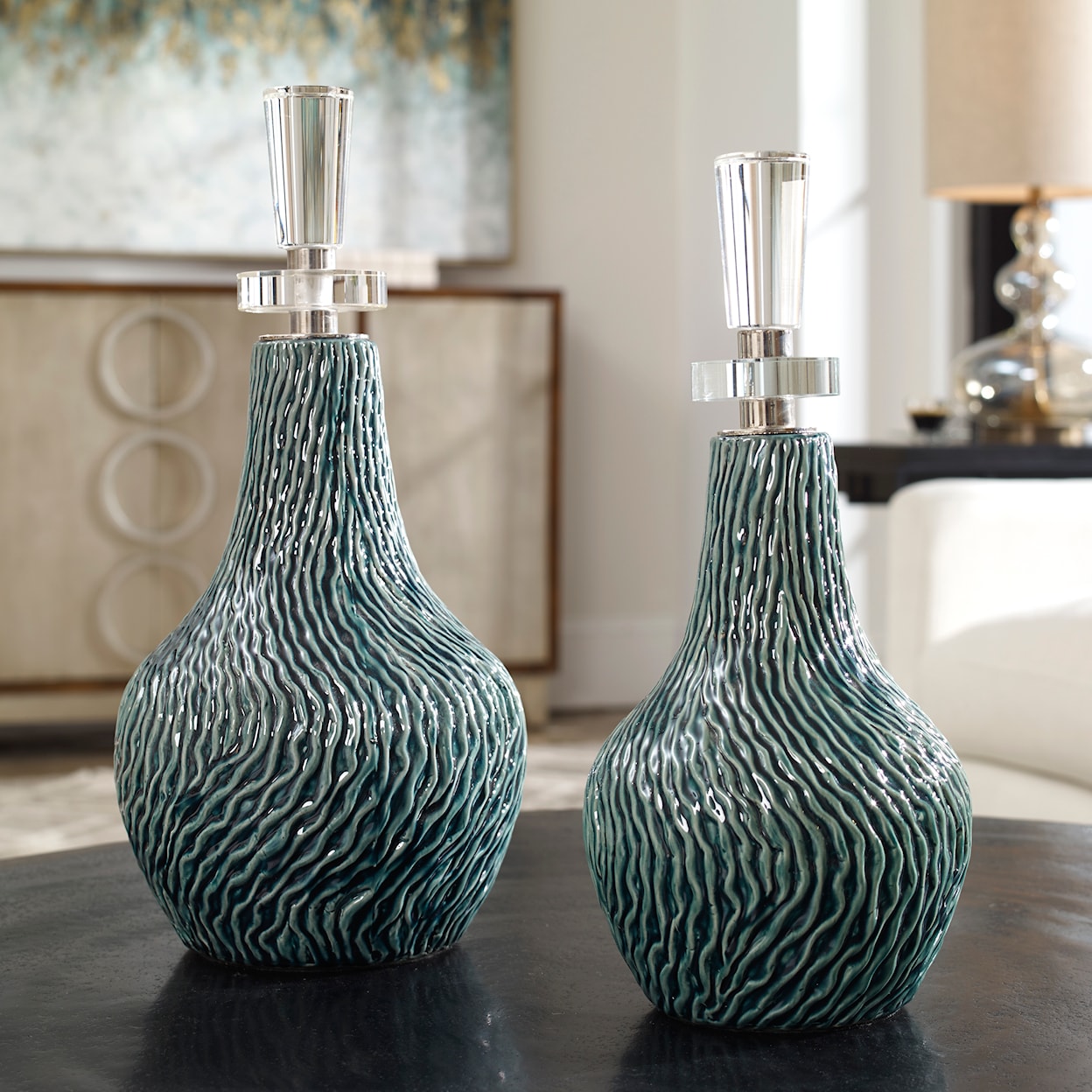 Uttermost Almera Almera Dark Teal Bottles S/2