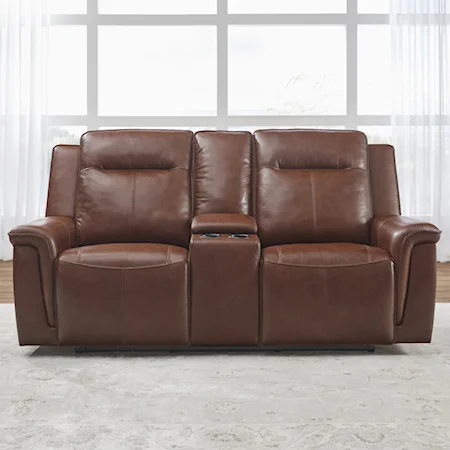 Casual Leather Power Reclining Loveseat with Center Console