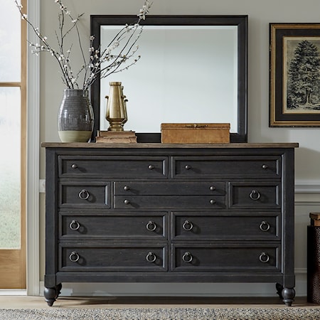 Transitional 9-Drawer Dresser and Landscape Mirror Set