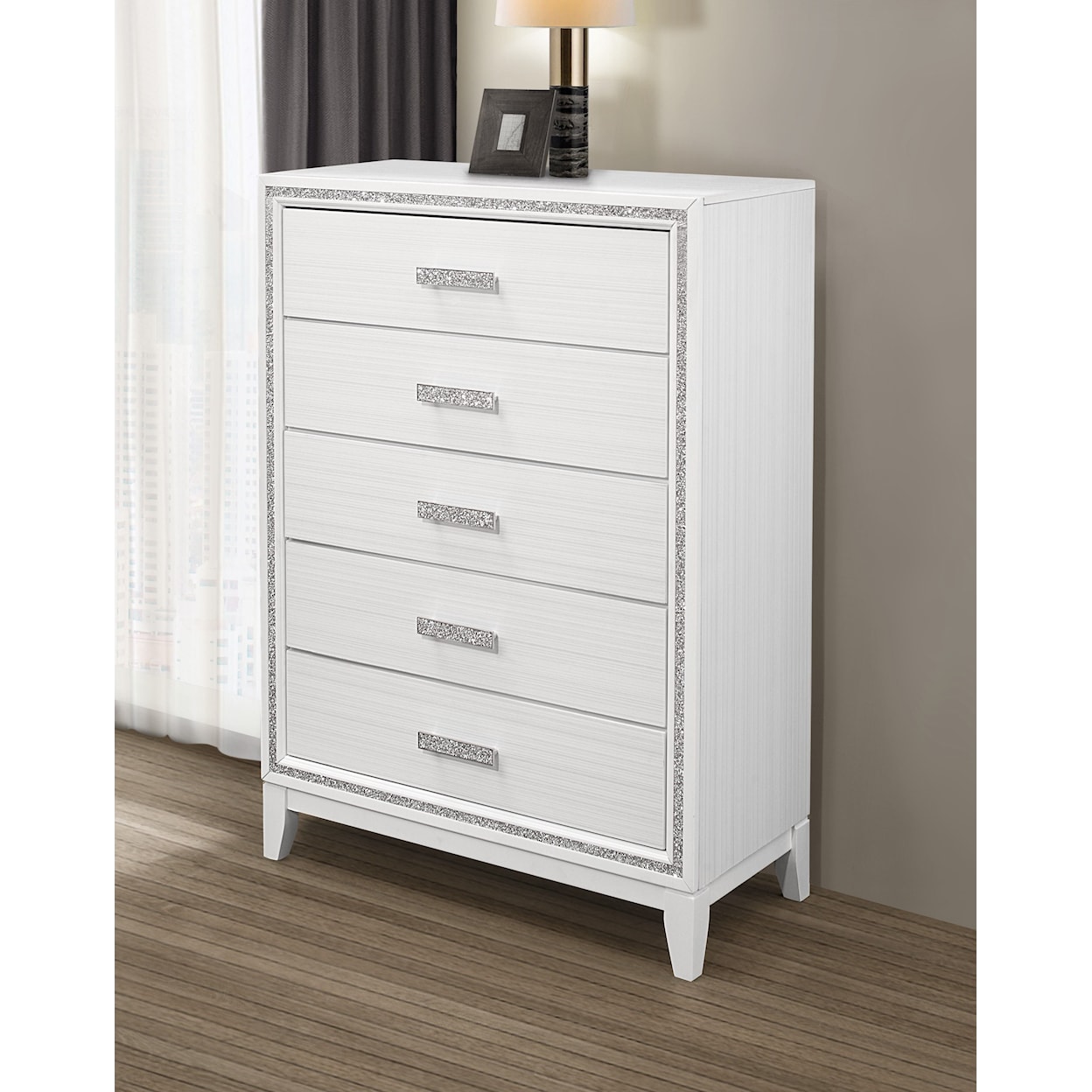 Global Furniture Lily White 5-Drawer Chest with Glittered Trim
