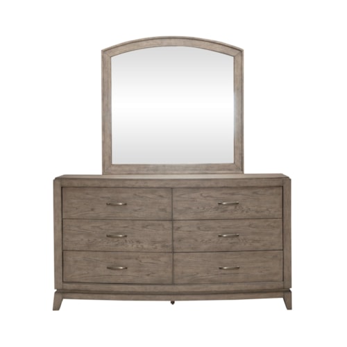 Transitional 6-Drawer Dresser and Arched Mirror with Felt-lined Top Drawers