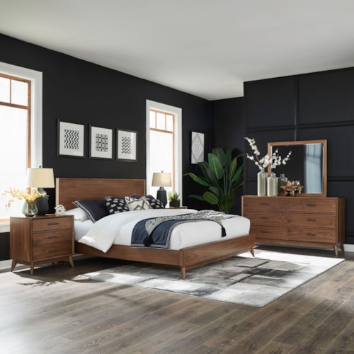 Mid Century Modern Queen Platform Bed, Dresser and Mirror, Night Stand