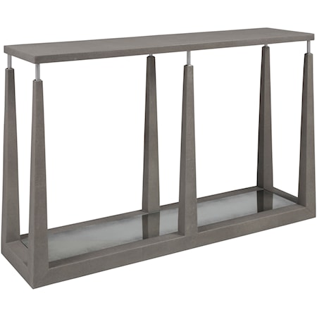 Contemporary Faux Shagreen Console Table with Antique Mirror Shelf