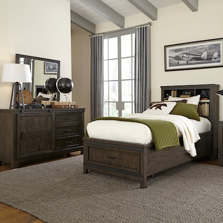 Transitional 3-Piece Full Panel Bookcase Bed with Storage Footboard Set