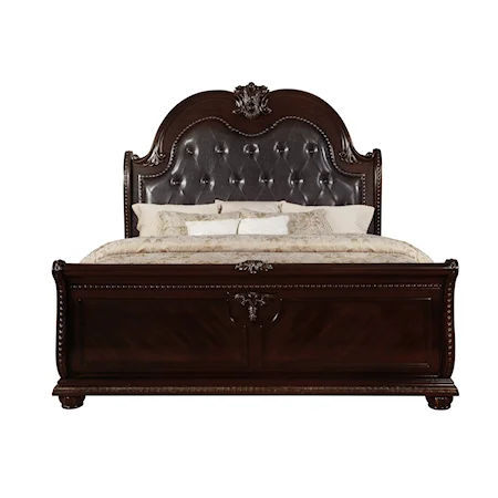 Traditional Queen Arched Panel Bed with Button-Tufted Headboard and Nailheads