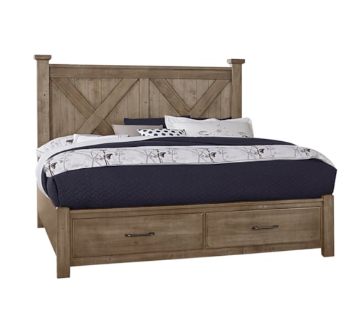 Rustic Queen "X" Panel Bed with Footboard Storage