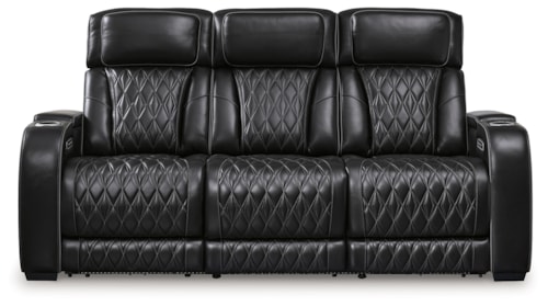 Leather Match Power Reclining Sofa with Adj Headrest
