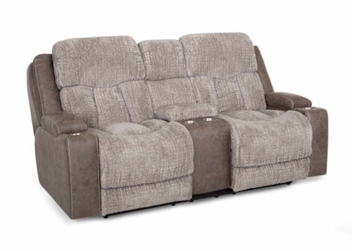 Casual Power Reclining Console Loveseat with Dual Arm Storage, Massage, and Cupholders