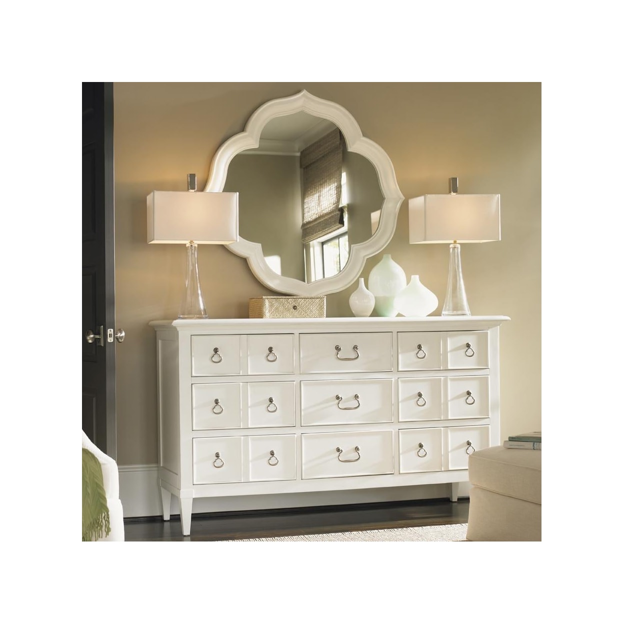 Tommy Bahama Home Ivory Key 543-234x1+543-201x1 9 Drawer Grotto Isle Dresser & Paget Mirror with Quatrefoil Diamond Silhouette | Baer's Furniture | Dresser + Mirror Combo Tommy Bahama Home Ivory Key 543-234x1+543-201x1 9 Drawer Grotto Isle Dresser & Paget Mirror with Quatrefoil Diamond Silhouette | Baer's Furniture | Dresser + Mirror Combo