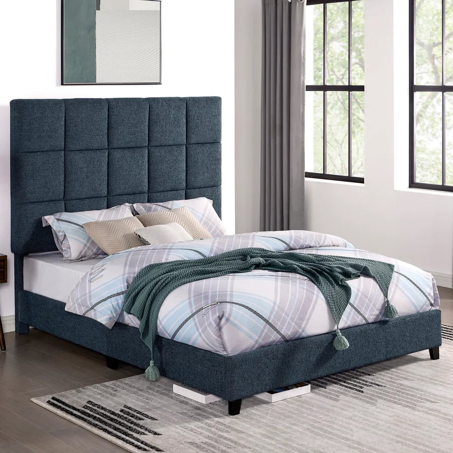 Upholstered Squares Panel Bed Navy