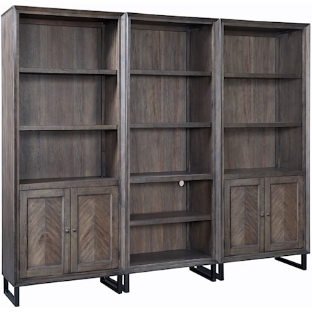 Contemporary 3 Unit Bookcase Wall with Open and Concealed Shelving