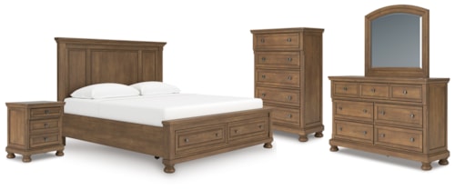 King Panel Storage Bed, Dresser, Mirror, Chest And Nightstand