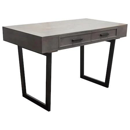 2-Drawer Writing Desk in Solid Mango Wood Grey Finish & Black Iron Legs
