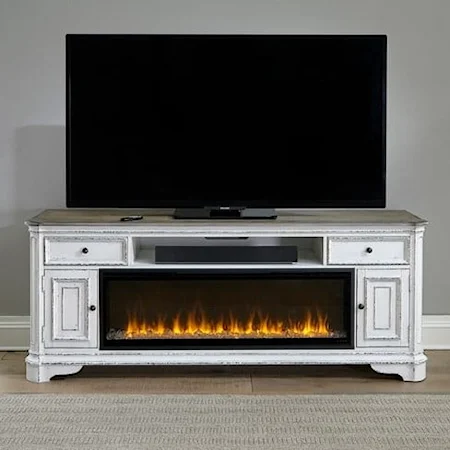 Rustic 82 Inch Console with Built in Firebox and Wire Management