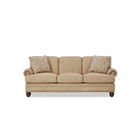 Traditional Leather Sofa w/ Nailhead Studs & Toss Pillows