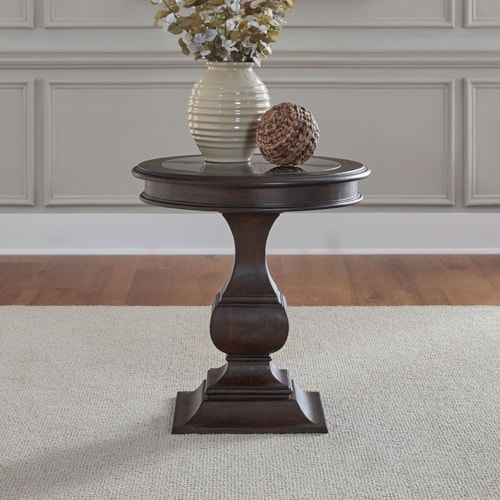 Traditional Round End Table with Blue Stone Top Insert
