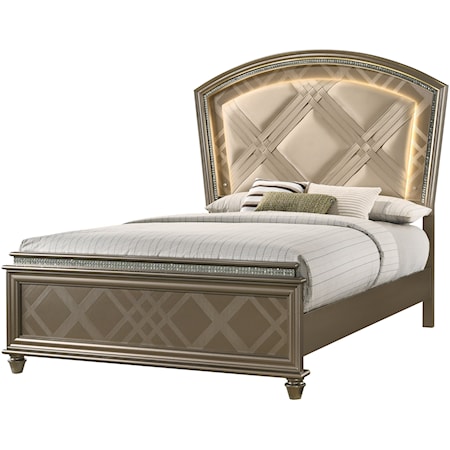 Glam Upholstered Queen Bed with Faux Crystals