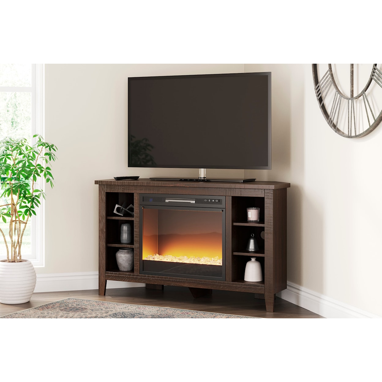 Benchcraft Camiburg Corner TV Stand with Electric Fireplace