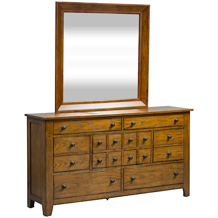 Rustic 7-Drawer Dresser and Mirror Set with Antique Brass Hardware