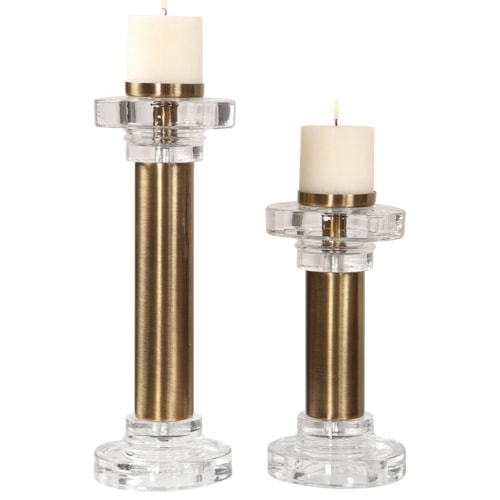 Leslie Brushed Brass Candleholders, S/2