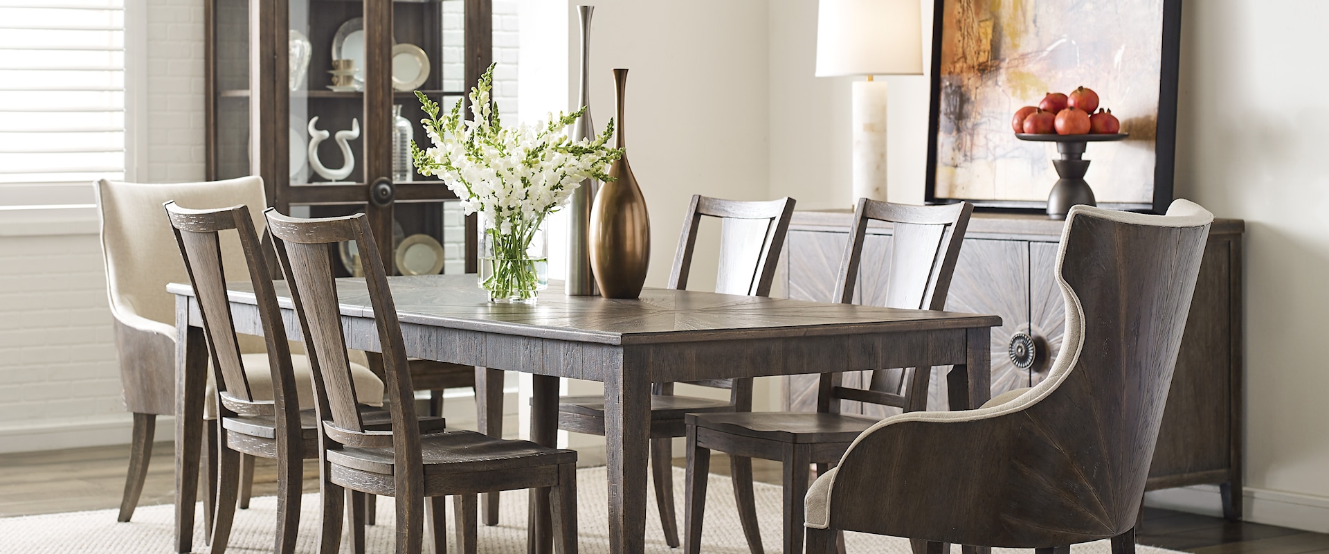 Transitional 7-Piece Rectangular Dining Set with Upholstered Host Chairs