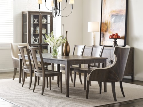 Transitional 7-Piece Rectangular Dining Set with Upholstered Host Chairs