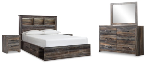 Queen Bookcase Storage Bed, Dresser, Mirror And 2 Nightstands
