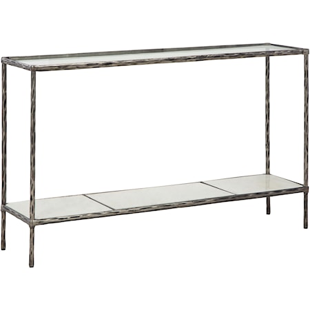 Console Sofa Table in Antiqued Pewter Finish with Marble Shelf