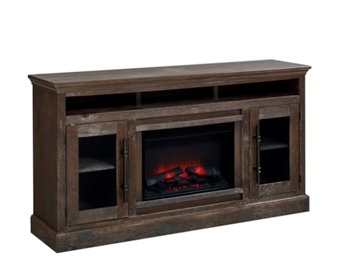 Traditional 73" Fireplace Console with Glass Doors and Open Shelving