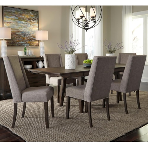 Transitional 7-Piece Trestle Table Dining Set with Upholstered Chairs