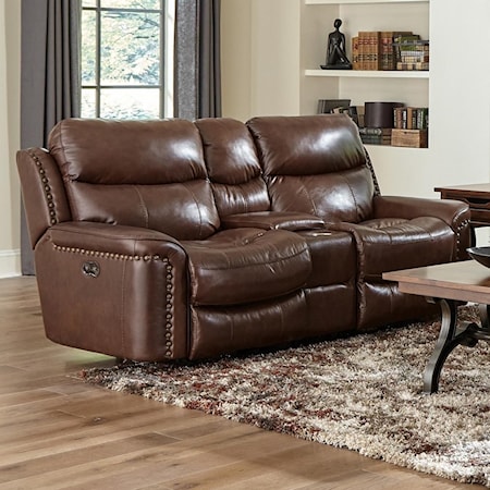 Leather Match Power Reclining Console Loveseat w/ Storage & Cupholders