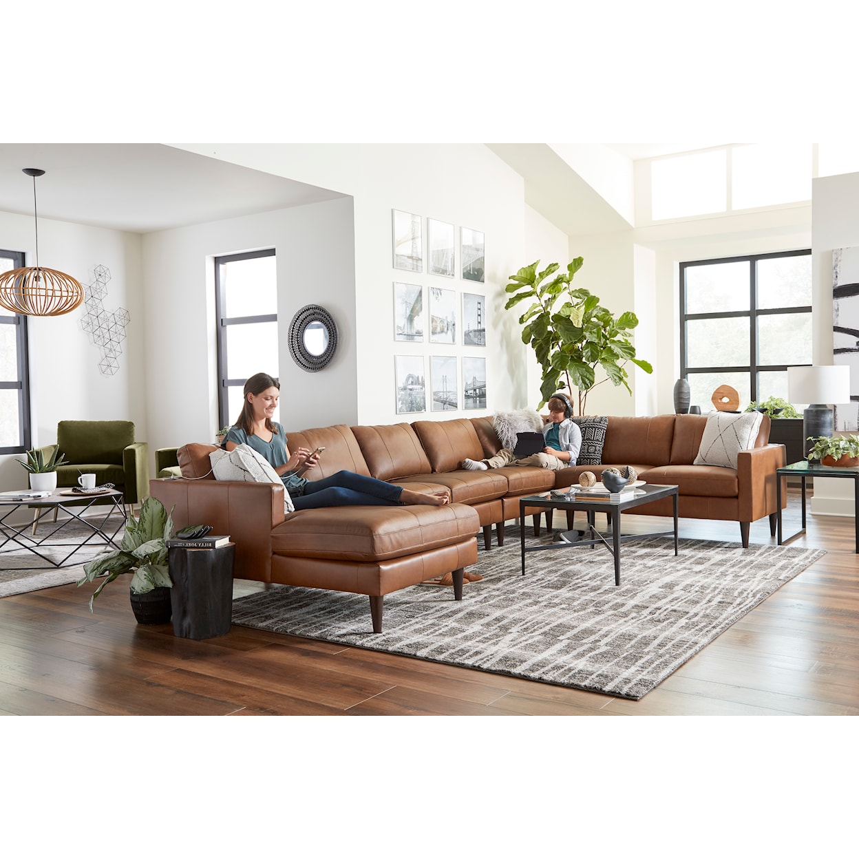 Bravo Furniture Trafton Leather Sectional Sofa w/ Chaise & Wood Feet