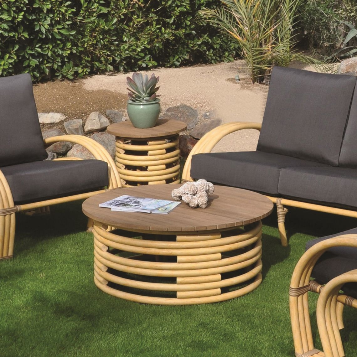 36" Rd. Rattan Coffee Table w/Teak Table-Top