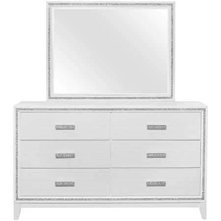 Contemporary White 6-Drawer Dresser and Mirror Set with Glittered Trim
