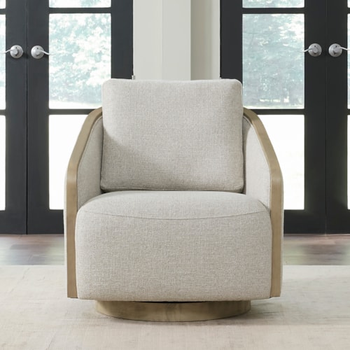 Transitional Upholstered Swivel Accent Chair with Wood Trim