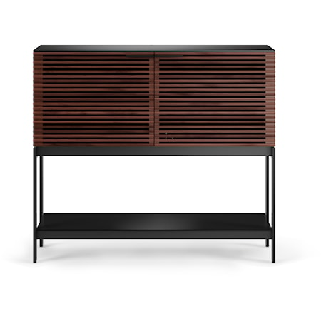 Contemporary Bar Cabinet with Louvered Doors and Open Shelf