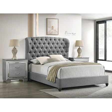 Contemporary Upholstered Queen Platform Bed with Tufted Headboard