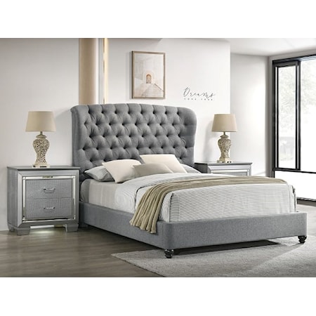 Contemporary Upholstered King Platform Bed with Tufting